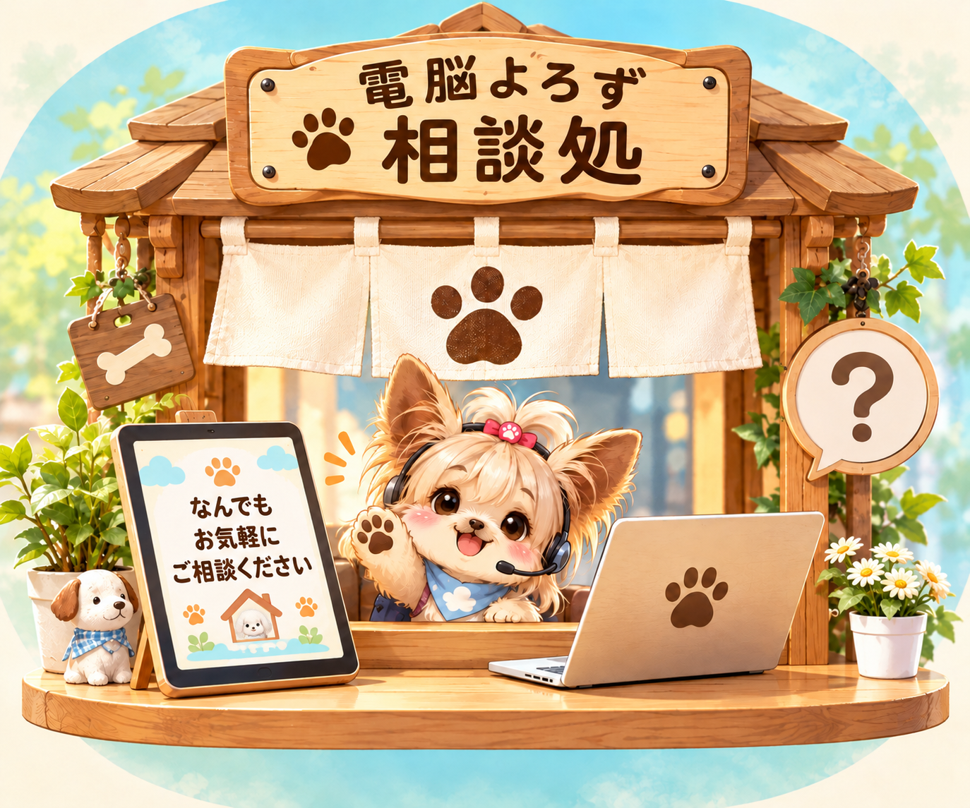 木製の電脳よろず相談処で、犬がパソコンを前に手を振っているイラスト